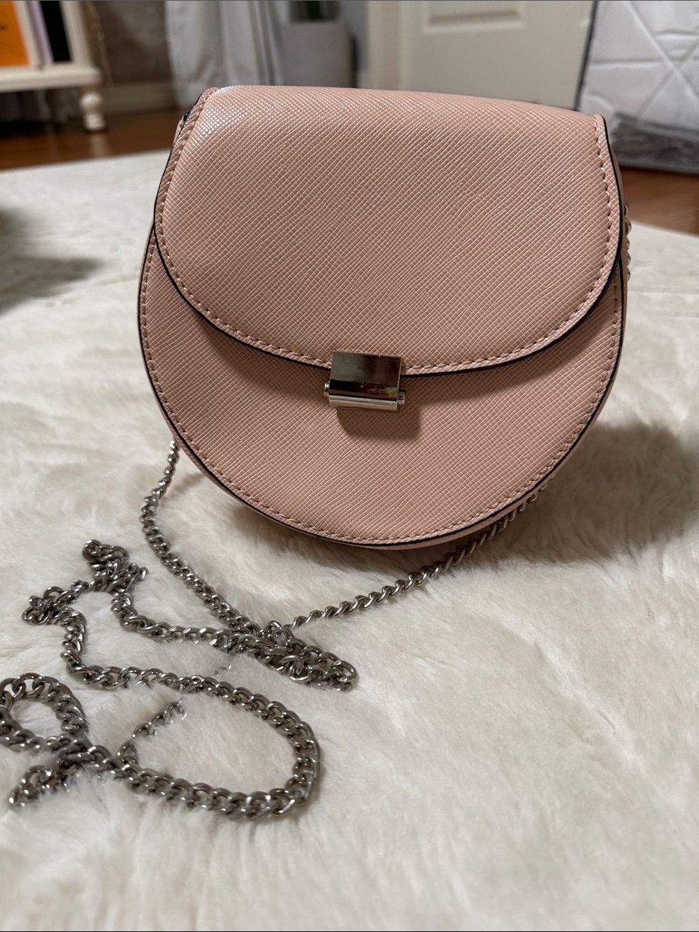 Mango Blush Pink Crossbody Saddle Bag with Silver Chain
